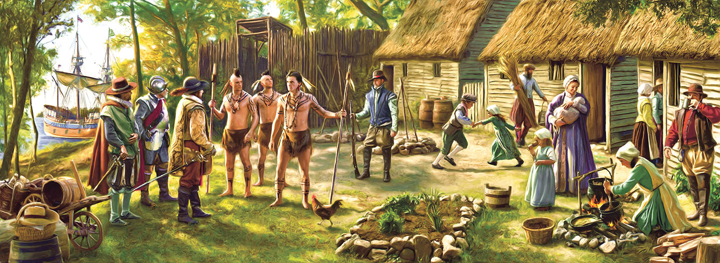illustration of Roanoke settlers meeting Native Americans