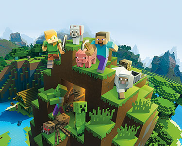 Blocky Minecraft characters stand on a blocky mountain