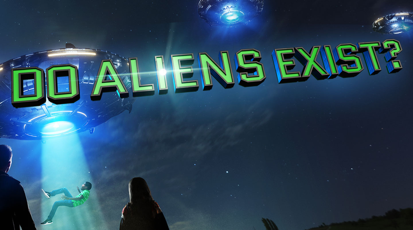 A UFO abducts a young man. Text, do aliens exist?