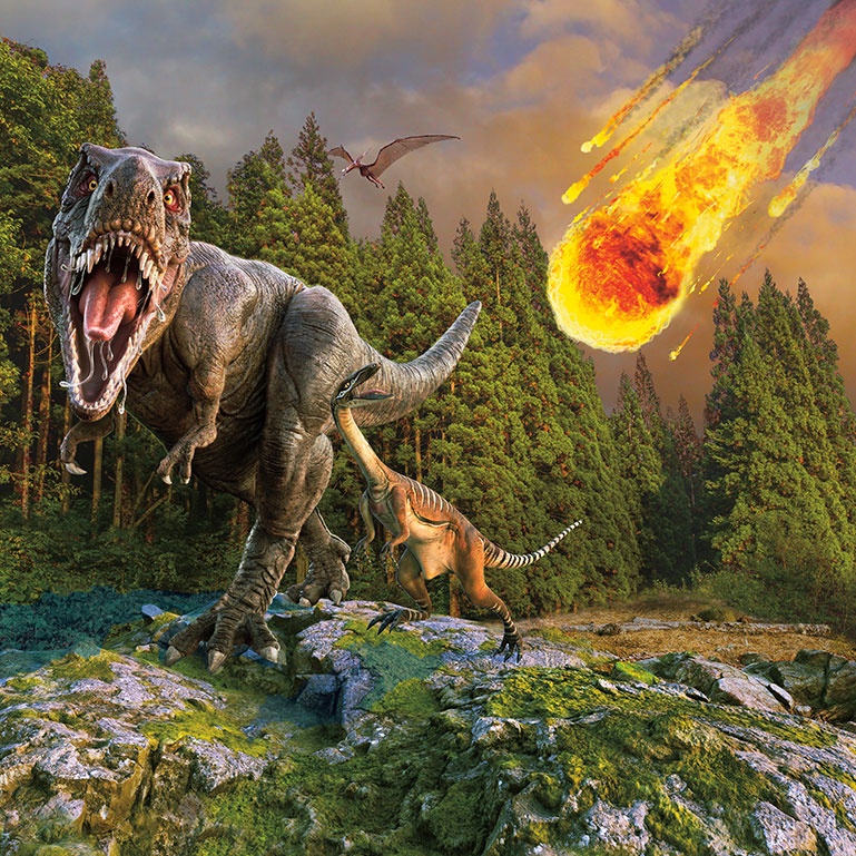 A t rex roars as a meteor crashes near it