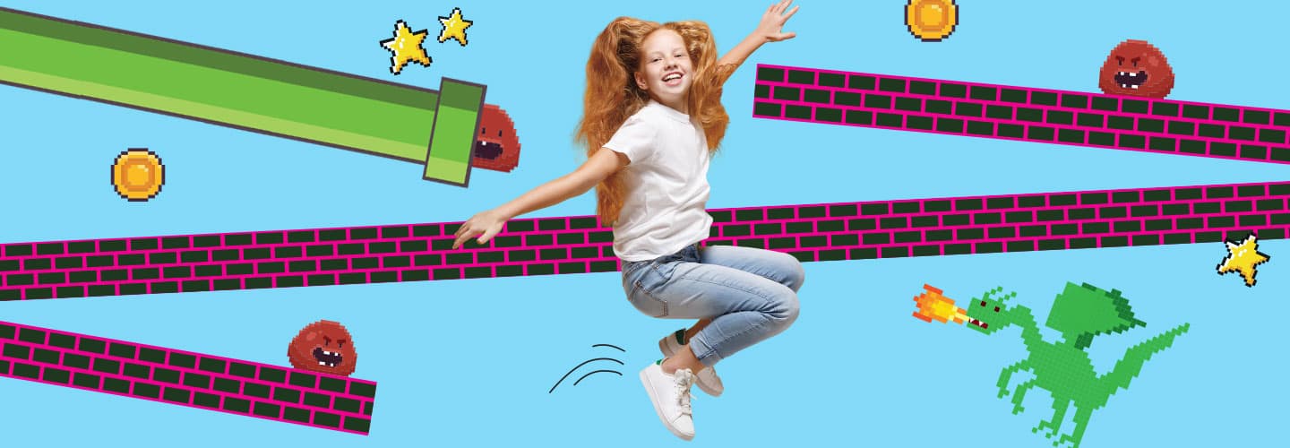 Composite of young girl leaping in front of retro video game graphics