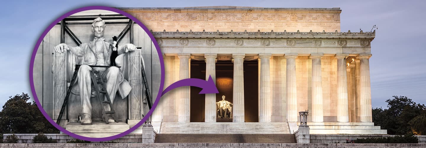 The Lincoln Memorial with an up-close image of a person working on it