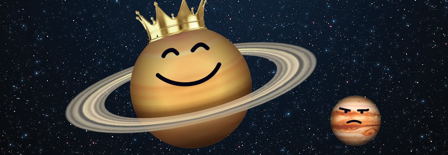 Illustration of Saturn smiling and wearing a crown while its moon looks upset