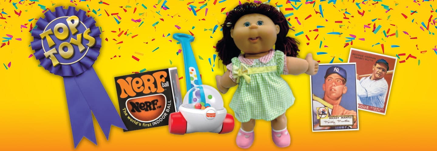 Image of a variety of older toys like Nerf ball, Cabbage patch doll, & baseball cards