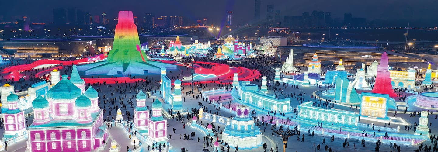 Bird&apos;s eye view of a colorful ice city