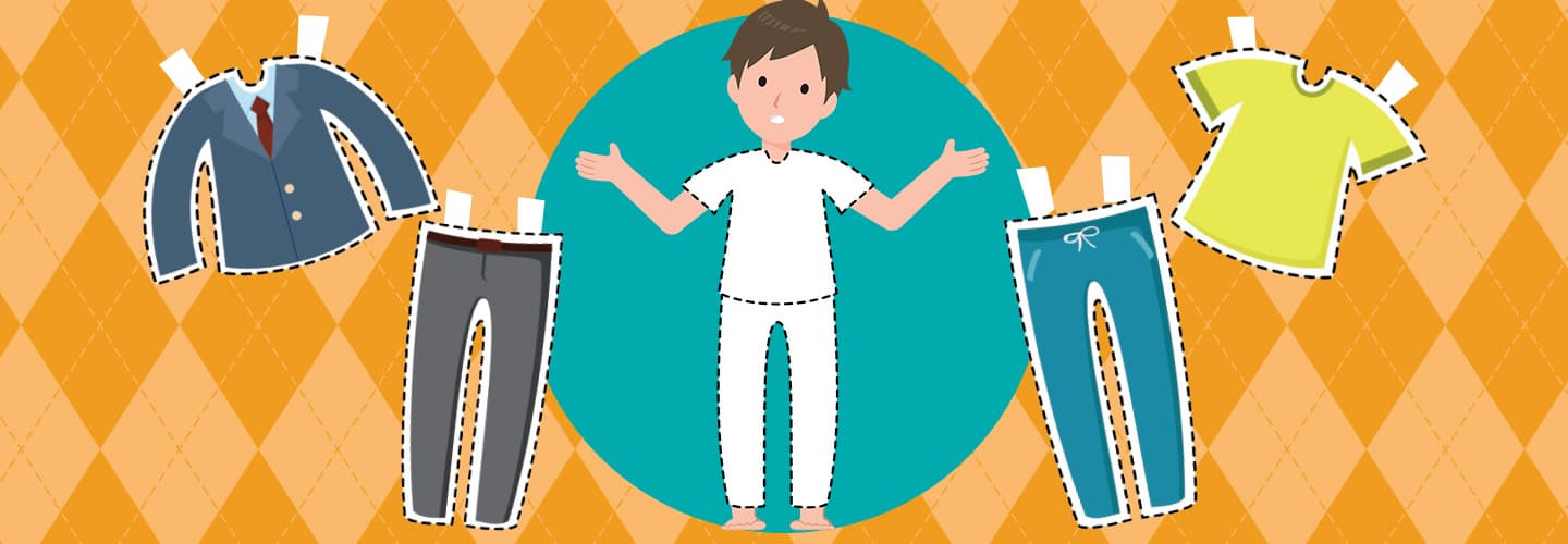 Illustration of student surrounded by a set of two different uniforms