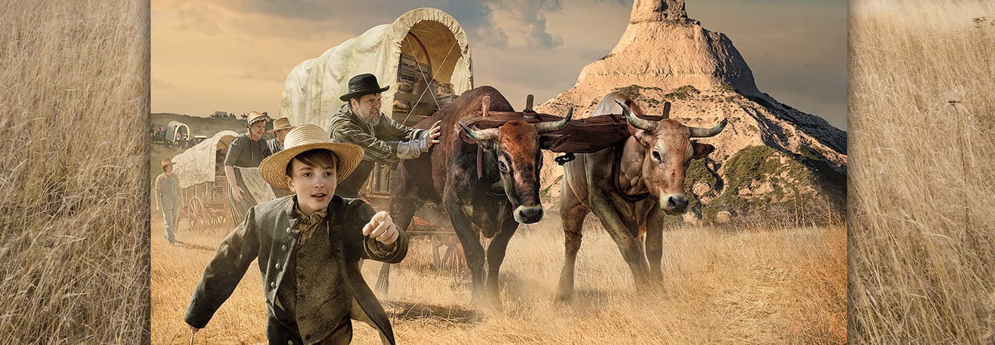 a boy and his family pushing oxen, against a backdrop of wheat