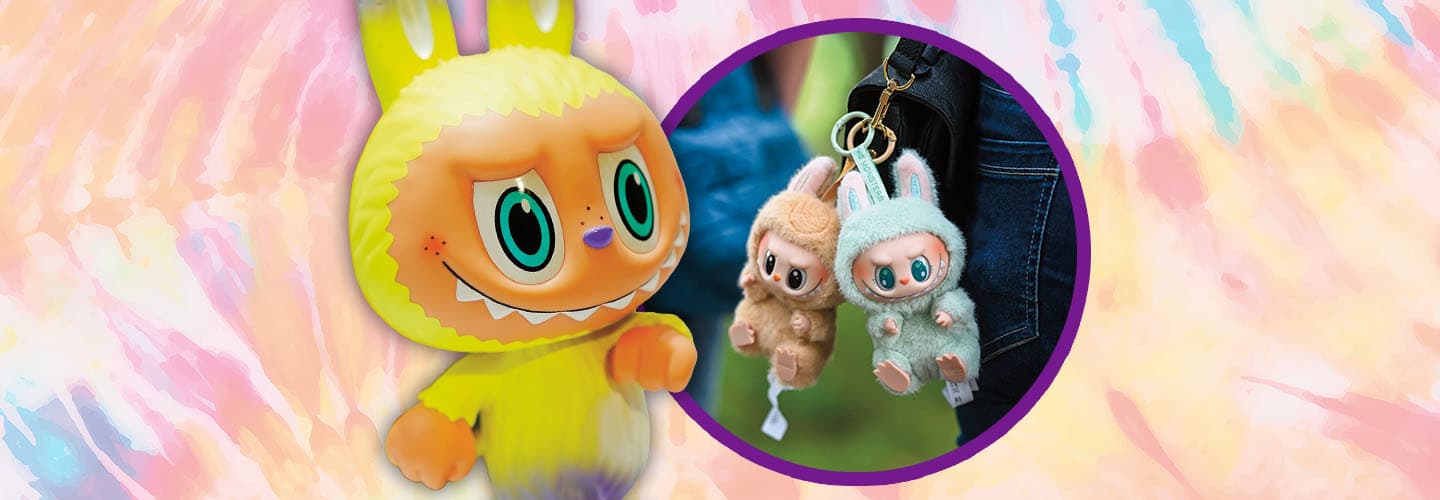 Image of a Labubu and two labubu keychains