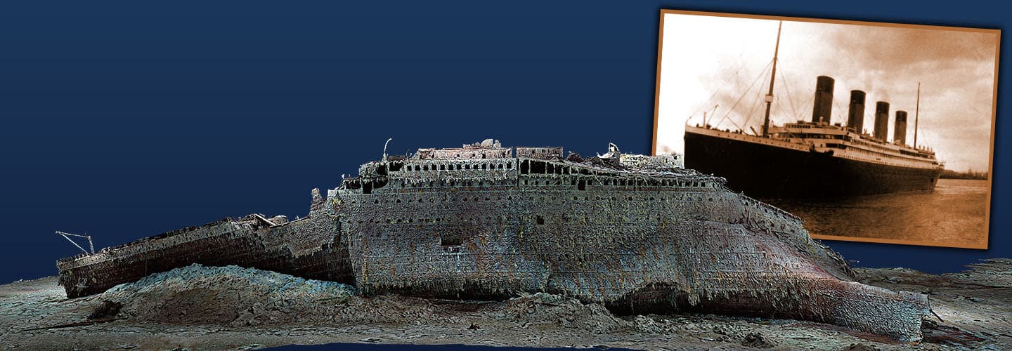Sepia tone image of the Titanic and digital image of sunken Titanic