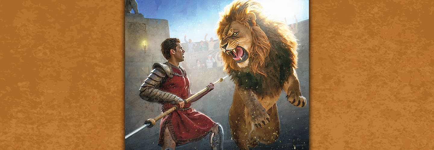 Digital illustration of gladiator battling a lion