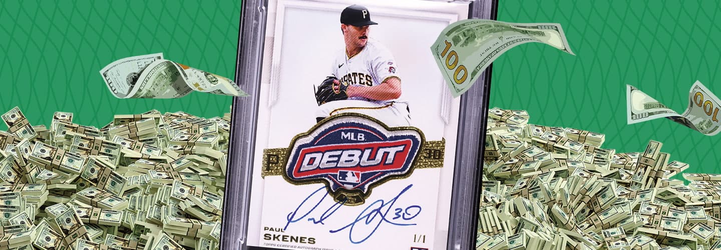 Image of signed baseball card surrounded by cash money